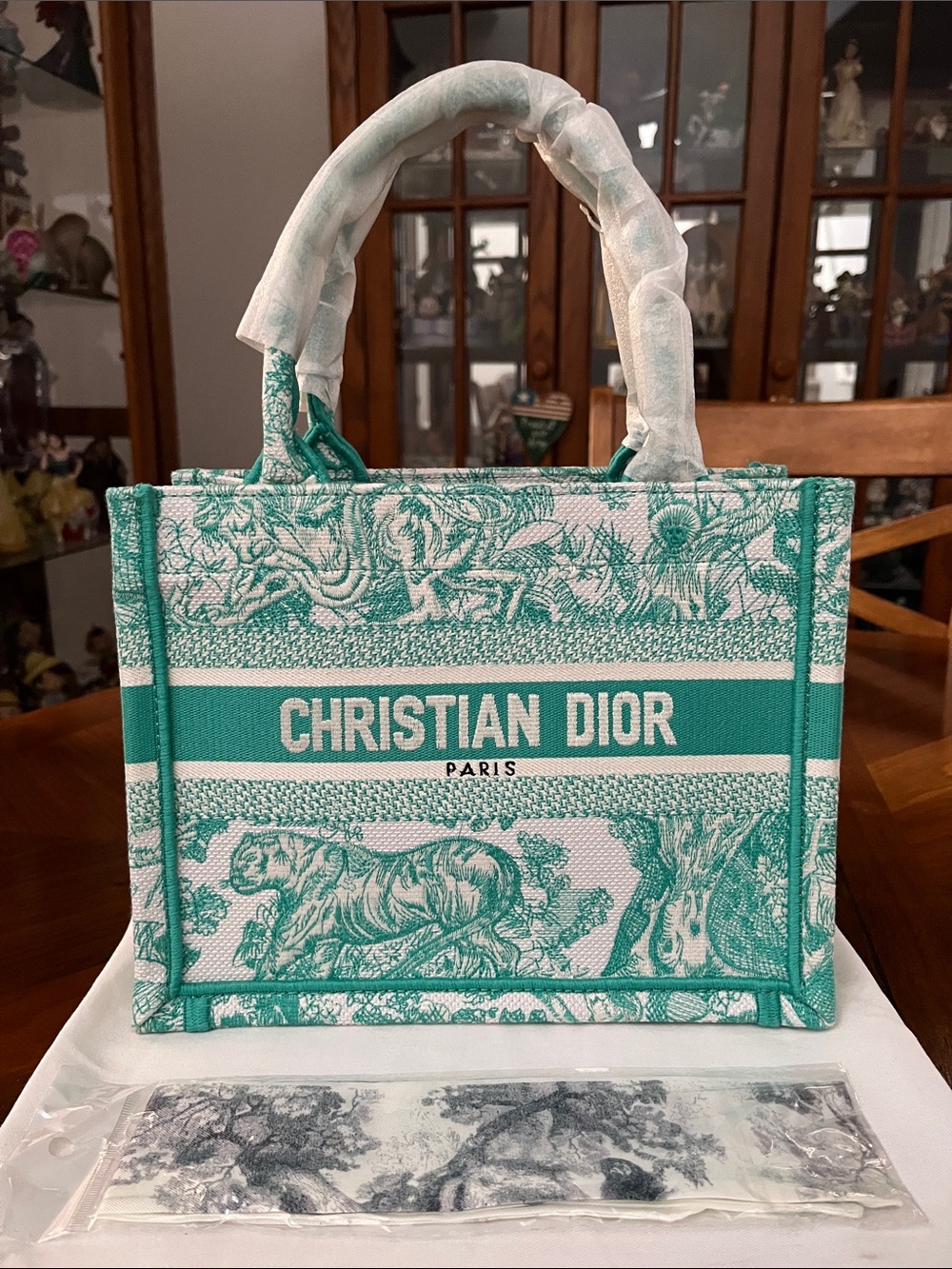 Teal and White Toile de Jouy Lady Tote Bag